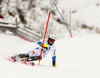 Mattias Hargin of Sweden skiing in first run of the men slalom race of Audi FIS Alpine skiing World cup in Kitzbuehel, Austria. Men downhill race of Audi FIS Alpine skiing World cup was held in Kitzbuehel, Austria, on Sunday, 24th of January 2016.
