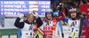 Winner Henrik Kristoffersen of Norway (M), second placed Marcel Hirscher of Austria (L) and third placed Alexander Khoroshilov of Russia (R) celebrate their medals won in the men slalom race of Audi FIS Alpine skiing World cup in Schladming, Austria. Men slalom race of Audi FIS Alpine skiing World cup, The Night race, was held in Schladming, Austria, on Tuesday, 26th of January 2016.
