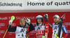 Winner Henrik Kristoffersen of Norway (M), second placed Marcel Hirscher of Austria (L) and third placed Alexander Khoroshilov of Russia (R) celebrate their medals won in the men slalom race of Audi FIS Alpine skiing World cup in Schladming, Austria. Men slalom race of Audi FIS Alpine skiing World cup, The Night race, was held in Schladming, Austria, on Tuesday, 26th of January 2016.
