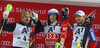 Winner Henrik Kristoffersen of Norway (M), second placed Marcel Hirscher of Austria (L) and third placed Alexander Khoroshilov of Russia (R) celebrate their medals won in the men slalom race of Audi FIS Alpine skiing World cup in Schladming, Austria. Men slalom race of Audi FIS Alpine skiing World cup, The Night race, was held in Schladming, Austria, on Tuesday, 26th of January 2016.
