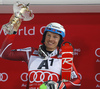 Winner Henrik Kristoffersen of Norway celebrates his medal won in the men slalom race of Audi FIS Alpine skiing World cup in Schladming, Austria. Men slalom race of Audi FIS Alpine skiing World cup, The Night race, was held in Schladming, Austria, on Tuesday, 26th of January 2016.
