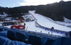 Empty tribunes in finish area after second training  for the men downhill race of Audi FIS Alpine skiing World cup in Garmisch-Partenkirchen, Germany, was cancelled due bad weather. Second training for men downhill race of Audi FIS Alpine skiing World cup, should be held in Garmisch-Partenkirchen, Germany, on Friday, 29th of January 2016.
