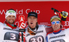 Winner Aleksander Aamodt Kilde of Norway (M), second placed Bostjan Kline of Slovenia (L) and third placed Beat Feuz of Switzerland (R) celebrate their medals won in the men downhill race of Audi FIS Alpine skiing World cup in Garmisch-Partenkirchen, Germany. Men downhill race of Audi FIS Alpine skiing World cup, was held on Kandahar course in Garmisch-Partenkirchen, Germany, on Saturday, 30th of January 2016.
