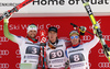 Winner Aleksander Aamodt Kilde of Norway (M), second placed Bostjan Kline of Slovenia (L) and third placed Beat Feuz of Switzerland (R) celebrate their medals won in the men downhill race of Audi FIS Alpine skiing World cup in Garmisch-Partenkirchen, Germany. Men downhill race of Audi FIS Alpine skiing World cup, was held on Kandahar course in Garmisch-Partenkirchen, Germany, on Saturday, 30th of January 2016.
