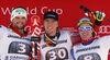 Winner Aleksander Aamodt Kilde of Norway (M), second placed Bostjan Kline of Slovenia (L) and third placed Beat Feuz of Switzerland (R) celebrate their medals won in the men downhill race of Audi FIS Alpine skiing World cup in Garmisch-Partenkirchen, Germany. Men downhill race of Audi FIS Alpine skiing World cup, was held on Kandahar course in Garmisch-Partenkirchen, Germany, on Saturday, 30th of January 2016.
