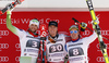 Winner Aleksander Aamodt Kilde of Norway (M), second placed Bostjan Kline of Slovenia (L) and third placed Beat Feuz of Switzerland (R) celebrate their medals won in the men downhill race of Audi FIS Alpine skiing World cup in Garmisch-Partenkirchen, Germany. Men downhill race of Audi FIS Alpine skiing World cup, was held on Kandahar course in Garmisch-Partenkirchen, Germany, on Saturday, 30th of January 2016.
