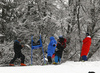 Course workers resting after trying to prepare course for race, but due dangerous conditions race got canceled before start of the first run of the men giant slalom race of Audi FIS Alpine skiing World cup in Garmisch-Partenkirchen, Germany. Men giant slalom race of Audi FIS Alpine skiing World cup, was held on Kandahar course in Garmisch-Partenkirchen, Germany, on Sunday, 31st of January 2016.
