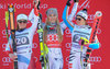 Fabienne Suter of Switzerland (second placeLindsey Vonn of the USA (winner )Viktoria Rebensburg of Germany ( third place) celebrates on Podium of the ladies Downhill of Garmisch FIS Ski Alpine World Cup at the Kandahar in Garmisch Partenkirchen, Germany on 2016/02/06.
