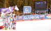 Winner Alexis Pinturault of France (M), second placed Marcel Hirscher of Austria (R) and third placed Thomas Fanara of France (L) celebrate their medals and posing for photographers after end of the men giant slalom race of Audi FIS Alpine skiing World cup in Hinterstoder, Austria. Men giant slalom race of Audi FIS Alpine skiing World cup, was held on Hinterstoder, Austria, on Friday, 26th of February 2016.
