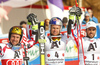 Winner Alexis Pinturault of France (M), second placed Marcel Hirscher of Austria (L) and third placed Thomas Fanara of France (R) celebrate their medals won in the men giant slalom race of Audi FIS Alpine skiing World cup in Hinterstoder, Austria. Men giant slalom race of Audi FIS Alpine skiing World cup, was held on Hinterstoder, Austria, on Friday, 26th of February 2016.
