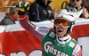 Winner Aleksander Aamodt Kilde of Norway reacts in the finish of the men super-g race of Audi FIS Alpine skiing World cup in Hinterstoder, Austria. Men super-g race of Audi FIS Alpine skiing World cup, was held on Hinterstoder, Austria, on Saturday, 27th of February 2016.
