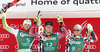 Winner Aleksander Aamodt Kilde of Norway (M), second placed Bostjan Kline of Slovenia (L) and third placed Marcel Hirscher of Austria (R) celebrate their medals won in the men super-g race of Audi FIS Alpine skiing World cup in Hinterstoder, Austria. Men super-g race of Audi FIS Alpine skiing World cup, was held on Hinterstoder, Austria, on Saturday, 27th of February 2016.
