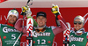 Winner Aleksander Aamodt Kilde of Norway (M), second placed Bostjan Kline of Slovenia (L) and third placed Marcel Hirscher of Austria (R) celebrate their medals won in the men super-g race of Audi FIS Alpine skiing World cup in Hinterstoder, Austria. Men super-g race of Audi FIS Alpine skiing World cup, was held on Hinterstoder, Austria, on Saturday, 27th of February 2016.
