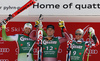 Winner Aleksander Aamodt Kilde of Norway (M), second placed Bostjan Kline of Slovenia (L) and third placed Marcel Hirscher of Austria (R) celebrate their medals won in the men super-g race of Audi FIS Alpine skiing World cup in Hinterstoder, Austria. Men super-g race of Audi FIS Alpine skiing World cup, was held on Hinterstoder, Austria, on Saturday, 27th of February 2016.
