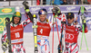 Winner Alexis Pinturault of France (M), second placed Philipp Schoerghofer of Austria (L) and third placed Marcel Hirscher of Austria (R) celebrate their medals won in the men giant slalom  race of Audi FIS Alpine skiing World cup in Kranjska Gora, Slovenia. Men giant slalom race of Audi FIS Alpine skiing World cup, was held in Kranjska Gora, Slovenia, on Friday, 4th of March 2016.
