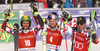 Winner Alexis Pinturault of France (M), second placed Philipp Schoerghofer of Austria (L) and third placed Marcel Hirscher of Austria (R) celebrate their medals won in the men giant slalom  race of Audi FIS Alpine skiing World cup in Kranjska Gora, Slovenia. Men giant slalom race of Audi FIS Alpine skiing World cup, was held in Kranjska Gora, Slovenia, on Friday, 4th of March 2016.
