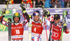 Winner Alexis Pinturault of France (M), second placed Philipp Schoerghofer of Austria (L) and third placed Marcel Hirscher of Austria (R) celebrate their medals won in the men giant slalom  race of Audi FIS Alpine skiing World cup in Kranjska Gora, Slovenia. Men giant slalom race of Audi FIS Alpine skiing World cup, was held in Kranjska Gora, Slovenia, on Friday, 4th of March 2016.
