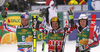 Winner Marcel Hirscher of Austria(M), second placed Alexis Pinturault of France (L) and third placed Henrik Kristoffersen of Norway (R) celebrate their medals won in the men giant slalom  race of Audi FIS Alpine skiing World cup in Kranjska Gora, Slovenia. Men giant slalom race of Audi FIS Alpine skiing World cup, was held in Kranjska Gora, Slovenia, on Saturday, 5th of March 2016.
