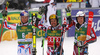 Winner Marcel Hirscher of Austria(M), second placed Alexis Pinturault of France (L) and third placed Henrik Kristoffersen of Norway (R) celebrate their medals won in the men giant slalom  race of Audi FIS Alpine skiing World cup in Kranjska Gora, Slovenia. Men giant slalom race of Audi FIS Alpine skiing World cup, was held in Kranjska Gora, Slovenia, on Saturday, 5th of March 2016.
