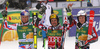 Winner Marcel Hirscher of Austria(M), second placed Alexis Pinturault of France (L) and third placed Henrik Kristoffersen of Norway (R) celebrate their medals won in the men giant slalom  race of Audi FIS Alpine skiing World cup in Kranjska Gora, Slovenia. Men giant slalom race of Audi FIS Alpine skiing World cup, was held in Kranjska Gora, Slovenia, on Saturday, 5th of March 2016.
