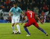 Bojan Jokic (no.13) of Slovenia and Theo Walcott (no.7) of England during football match of FIFA World cup qualifiers between Slovenia and England. FIFA World cup qualifiers between Slovenia and England was played on Tuesday, 11th of October 2016 in Stozice arena in Ljubljana, Slovenia.
