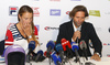 Tina Maze of Slovenia (L) and her longtime coach and team boss Andrea Massi (R) during her press conference which took place in Soelden, Austria, on Thursday, 20th of October 2016, and where she announced she will be racing one farewell race but otherwise she retired from ski racing.
