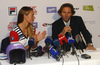 Tina Maze of Slovenia (L) and her longtime coach and team boss Andrea Massi (R) during her press conference which took place in Soelden, Austria, on Thursday, 20th of October 2016, and where she announced she will be racing one farewell race but otherwise she retired from ski racing.
