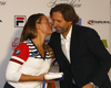 Tina Maze of Slovenia (L) and her longtime coach and team boss Andrea Massi (R) during her press conference which took place in Soelden, Austria, on Thursday, 20th of October 2016, and where she announced she will be racing one farewell race but otherwise she retired from ski racing.
