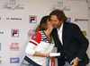 Tina Maze of Slovenia (L) and her longtime coach and team boss Andrea Massi (R) during her press conference which took place in Soelden, Austria, on Thursday, 20th of October 2016, and where she announced she will be racing one farewell race but otherwise she retired from ski racing.
