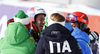 Third placed Marta Bassino of Italy celebrates with her teammates in the finish of the second run of the women opening giant slalom race of the new season of the Audi FIS Alpine skiing World cup in Soelden, Austria. First women giant slalom race of the season 2016-2017 of the Audi FIS Alpine skiing World cup, was held on Rettenbach glacier above Soelden, Austria, on Saturday, 22nd of October 2016.
