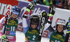 Winner Lara Gut of Switzerland (M), second placed Mikaela Shiffrin of USA (L) and third placed Marta Bassino of Italy (R) celebrate their medals won in the women opening giant slalom race of the new season of the Audi FIS Alpine skiing World cup in Soelden, Austria. First women giant slalom race of the season 2016-2017 of the Audi FIS Alpine skiing World cup, was held on Rettenbach glacier above Soelden, Austria, on Saturday, 22nd of October 2016.
