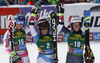 Winner Lara Gut of Switzerland (M), second placed Mikaela Shiffrin of USA (L) and third placed Marta Bassino of Italy (R) celebrate their medals won in the women opening giant slalom race of the new season of the Audi FIS Alpine skiing World cup in Soelden, Austria. First women giant slalom race of the season 2016-2017 of the Audi FIS Alpine skiing World cup, was held on Rettenbach glacier above Soelden, Austria, on Saturday, 22nd of October 2016.
