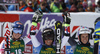 Winner Lara Gut of Switzerland (M), second placed Mikaela Shiffrin of USA (L) and third placed Marta Bassino of Italy (R) celebrate their medals won in the women opening giant slalom race of the new season of the Audi FIS Alpine skiing World cup in Soelden, Austria. First women giant slalom race of the season 2016-2017 of the Audi FIS Alpine skiing World cup, was held on Rettenbach glacier above Soelden, Austria, on Saturday, 22nd of October 2016.
