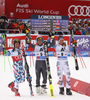 Winner Alexis Pinturault of France (M), second placed Marcel Hirscher of Austria and third placed Felix Neureuther of Germany(R) celebrate their medals won in the men opening giant slalom race of the new season of the Audi FIS Alpine skiing World cup in Soelden, Austria. First men giant slalom race of the season 2016-2017 of the Audi FIS Alpine skiing World cup, was held on Rettenbach glacier above Soelden, Austria, on Sunday, 23rd of October 2016.
