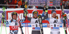 Winner Alexis Pinturault of France (M), second placed Marcel Hirscher of Austria and third placed Felix Neureuther of Germany (R) celebrate their medals won in the men opening giant slalom race of the new season of the Audi FIS Alpine skiing World cup in Soelden, Austria. First men giant slalom race of the season 2016-2017 of the Audi FIS Alpine skiing World cup, was held on Rettenbach glacier above Soelden, Austria, on Sunday, 23rd of October 2016.
