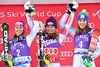 2nd placed Wendy Holdener of Switzerland race winner Mikaela Shiffrin of the USA third placed Petra Vlhova of Slovakia celebrate on Podium during the winner presentation after ladies Slalom of FIS ski alpine world cup at the Black Race Course in Levi, Finland on 2016/11/12.
