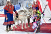 Race winner Mikaela Shiffrin of the USA posing with the reindeer during the winner presentation after ladies Slalom of FIS ski alpine world cup at the Black Race Course in Levi, Finland on 2016/11/12.

