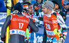 Michael Matt of Austria, Manfred Moelgg of Italy, Winner Marcel Hirscher of Austria after 2nd run of mens Slalom of FIS ski alpine world cup at the Black Race Course in Levi, Finland on 2016/11/13.
