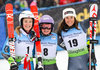 Second placed Nina Loeseth of Norway race winner Tessa Worley of France third placed Sofia Goggia of Italy during the winner presentation after ladies giant slalom of FIS ski alpine world cup at the Killington, Austria on 2016/11/26.

