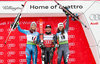 Second placed Nina Loeseth of Norway race winner Tessa Worley of France third placed Sofia Goggia of Italy during the winner presentation after ladies giant slalom of FIS ski alpine world cup at the Killington, Austria on 2016/11/26.
