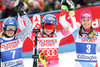 Second placed Veronika Velez Zuzulova of Slovakia race winner Mikaela Shiffrin of the USA third placed Wendy Holdener of Switzerland during the winner presentation after ladies Slalom of FIS ski alpine world cup in Killington, Austria on 2016/11/27.
