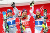 Second placed Veronika Velez Zuzulova of Slovakia race winner Mikaela Shiffrin of the USA third placed Wendy Holdener of Switzerland during the winner presentation after ladies Slalom of FIS ski alpine world cup in Killington, Austria on 2016/11/27.
