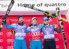 Second Placed Aksel Lund Svindal of Norway, race winner Kjetil Jansrud of Norway, third placed Dominik Paris of Italy during the winner presentation for the men SuperG of the Val d Isere FIS Ski Alpine World Cup.. Val dIsere, France on 2016/02/12.
