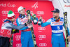 Second placed Peter Fill of Italy, race winner Kjetil Jansrud of Norway, third placed Aksel Lund Svindal of Norway during the winner presentation for the men downhill of the Val d Isere FIS Ski Alpine World Cup.. Val dIsere, France on 2016/12/03.
