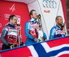 Second placed Peter Fill of Italy, race winner Kjetil Jansrud of Norway, third placed Aksel Lund Svindal of Norway during the winner presentation for the men downhill of the Val d Isere FIS Ski Alpine World Cup.. Val dIsere, France on 2016/12/03.
