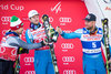 Second placed Peter Fill of Italy, race winner Kjetil Jansrud of Norway, third placed Aksel Lund Svindal of Norway during the winner presentation for the men downhill of the Val d Isere FIS Ski Alpine World Cup.. Val dIsere, France on 2016/12/03.
