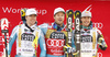 Winner Kjetil Jansrud of Norway (M), second placed Aleksander Aamodt Kilde of Norway (L) and third placed Erik Guay of Canada (R) celebrate their medals won in the men super-g race of the Audi FIS Alpine skiing World cup in Val Gardena, Italy. Men super-g race of the Audi FIS Alpine skiing World cup, was held on Saslong course in Val Gardena, Italy, on Friday, 16th of December 2016.
