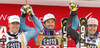 Winner Kjetil Jansrud of Norway (M), second placed Aleksander Aamodt Kilde of Norway (L) and third placed Erik Guay of Canada (R) celebrate their medals won in the men super-g race of the Audi FIS Alpine skiing World cup in Val Gardena, Italy. Men super-g race of the Audi FIS Alpine skiing World cup, was held on Saslong course in Val Gardena, Italy, on Friday, 16th of December 2016.
