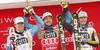 Winner Kjetil Jansrud of Norway (M), second placed Aleksander Aamodt Kilde of Norway (L) and third placed Erik Guay of Canada (R) celebrate their medals won in the men super-g race of the Audi FIS Alpine skiing World cup in Val Gardena, Italy. Men super-g race of the Audi FIS Alpine skiing World cup, was held on Saslong course in Val Gardena, Italy, on Friday, 16th of December 2016.
