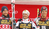 Winner Max Franz of Austria (M), second placed Aksel Lund Svindal of Norway (L) and third placed Steven Nyman of USA (R) celebrate their medals won in the men downhill race of the Audi FIS Alpine skiing World cup in Val Gardena, Italy. Men downhill race of the Audi FIS Alpine skiing World cup, was held on Saslong course in Val Gardena, Italy, on Saturday, 17th of December 2016.
